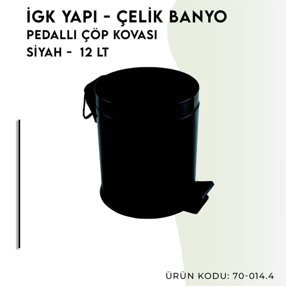İGK YAPI - Çelik Banyo Pedallı Çöp Kovası 12lt Mat Siyah 430 (70-014.4)