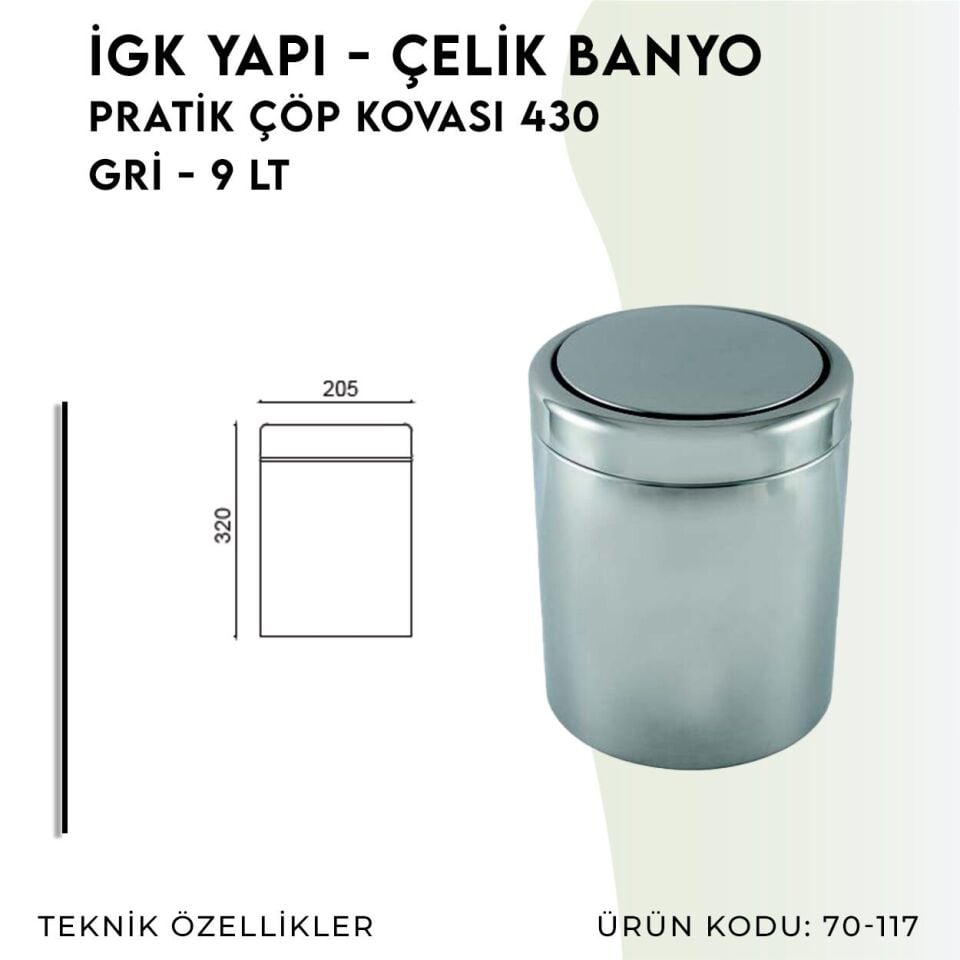 İGK YAPI - Çelik Banyo Pratik Çöp Kovası 9lt 430 (70-117)