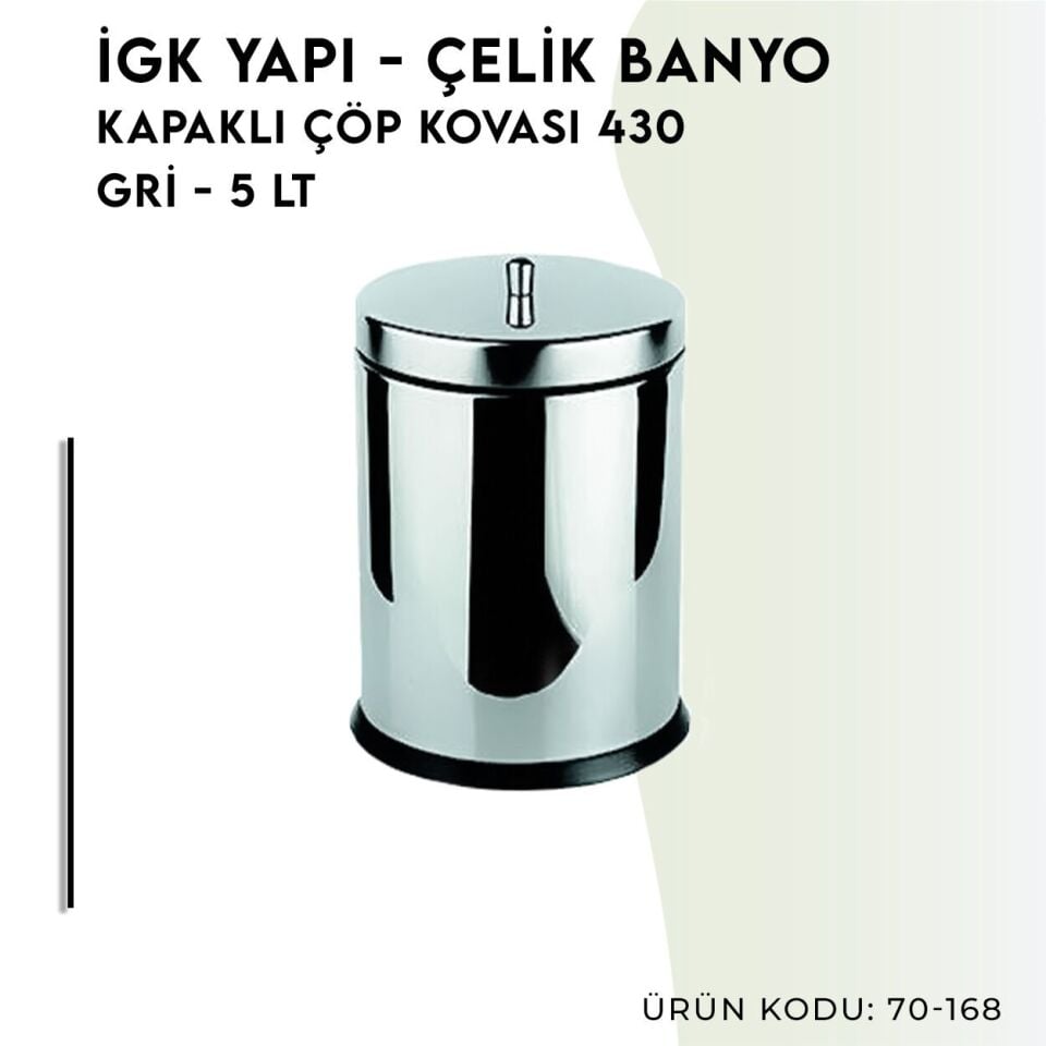 İGK YAPI - Çelik Banyo Kapaklı Çöp Kovası 5lt 430 (70-168)