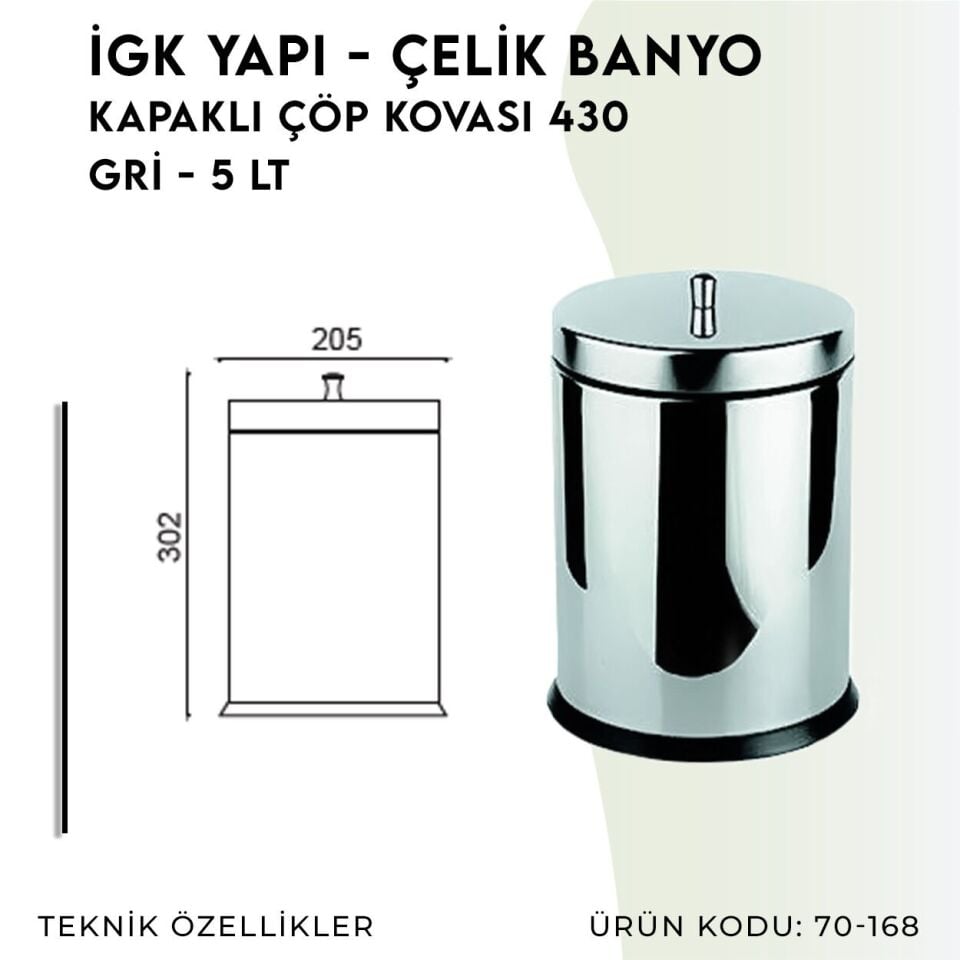 İGK YAPI - Çelik Banyo Kapaklı Çöp Kovası 5lt 430 (70-168)
