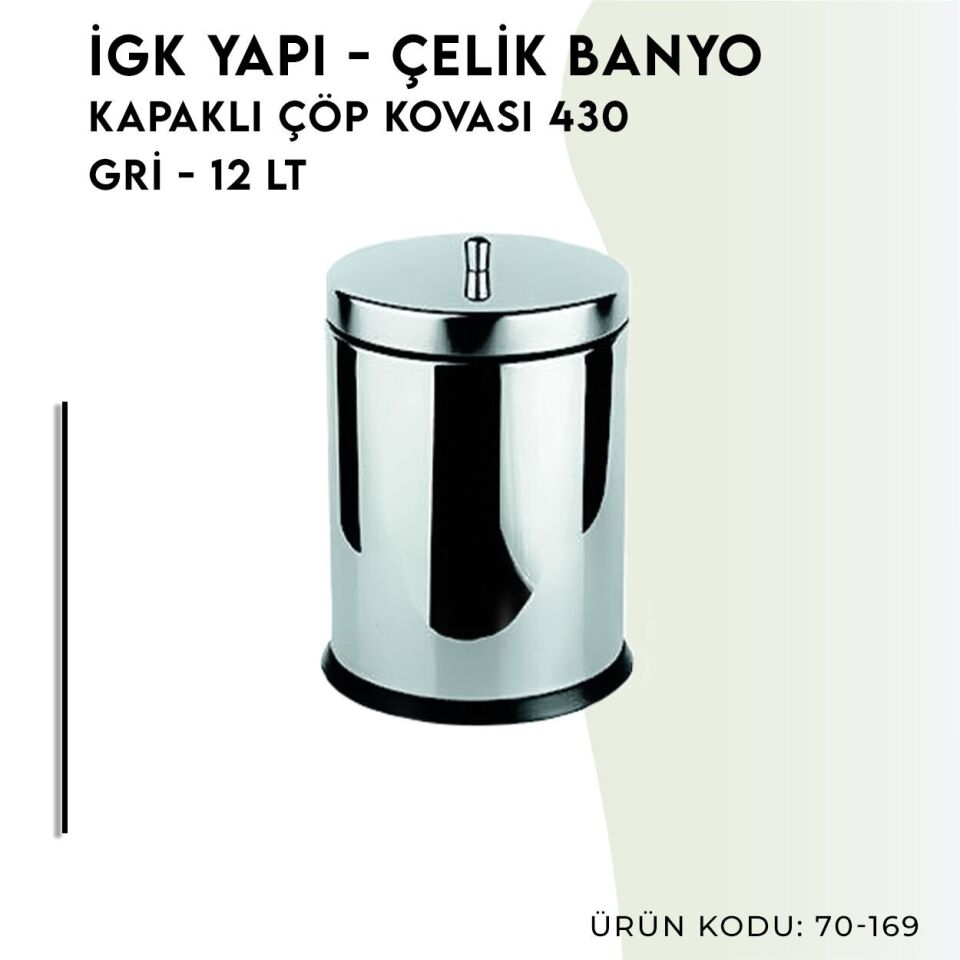 İGK YAPI - Çelik Banyo Kapaklı Çöp Kovası 12lt 430 (70-169)