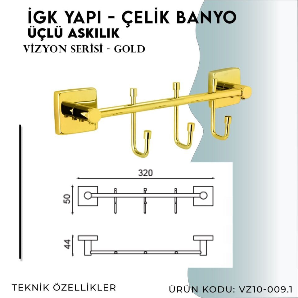 İGK YAPI - Çelik Banyo Vizyon Gold Üçlü Askılık (VZ10-009.1)