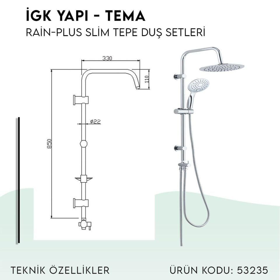 BANYOLİA - TEMA Rain-Plus Slim Tepe Duş Seti (53235)