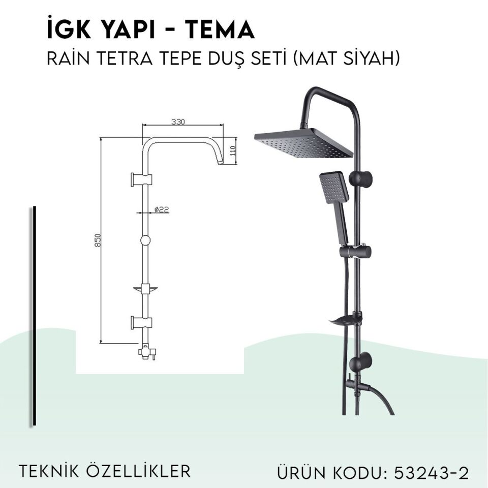 BANYOLİA - TEMA Rain Tetra Mat Siyah Sürgülü Duş Seti (53243-2M)