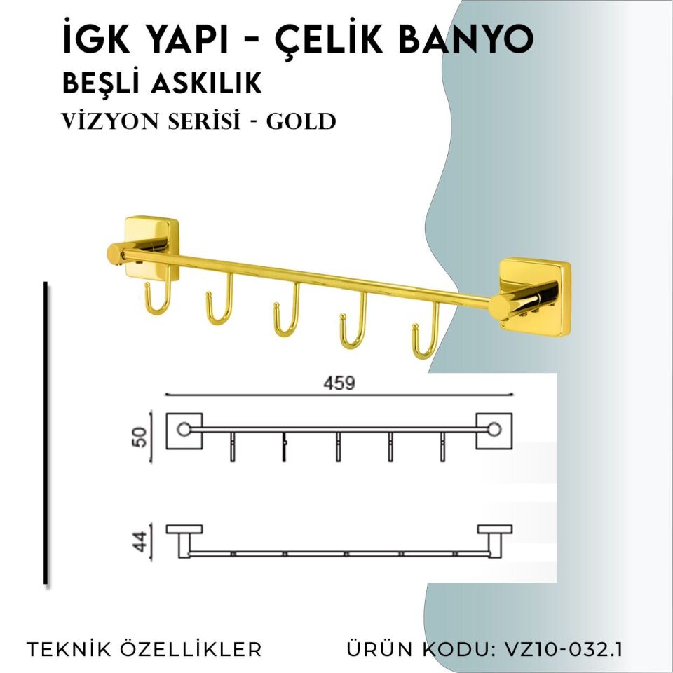 İGK YAPI - Çelik Banyo Vizyon Gold Beşli Askılık (VZ10-032.1)