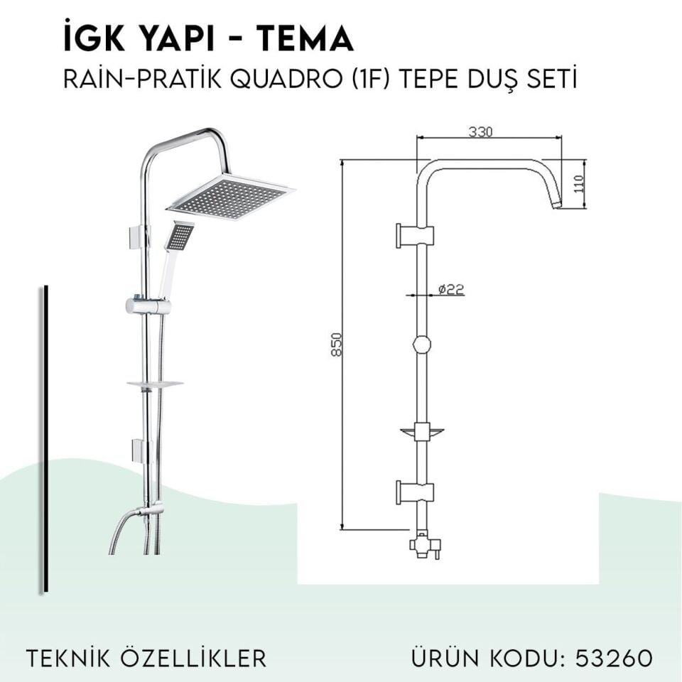 BANYOLİA - TEMA Rain-Pratik Quadro (1f) Tepe Duş Seti (53260)