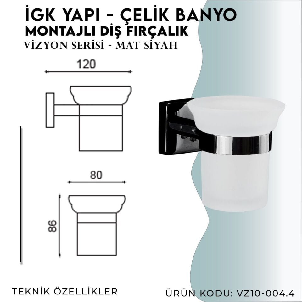 İGK YAPI - Çelik Banyo Vizyon Mat Siyah Montajlı Diş Fırçalık (VZ10-004.4)