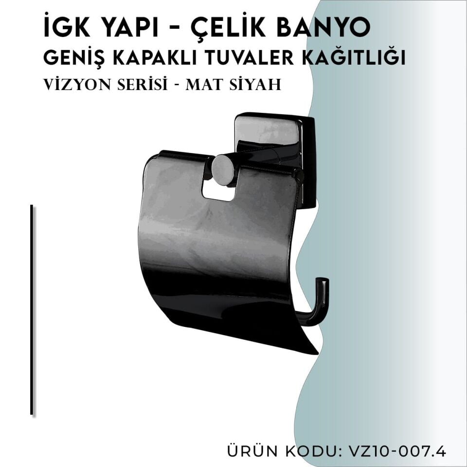 İGK YAPI - Çelik Banyo Vizyon Mat Siyah Geniş Kapaklı Tuvalet Kâğıtlığı (VZ10-007.4)