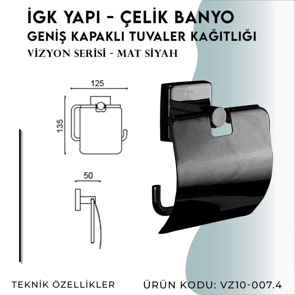 İGK YAPI - Çelik Banyo Vizyon Mat Siyah Geniş Kapaklı Tuvalet Kâğıtlığı (VZ10-007.4)