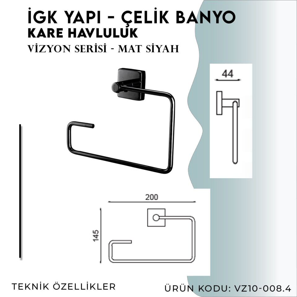 İGK YAPI - Çelik Banyo Vizyon Mat Siyah Kare Havluluk (VZ10-008.4)