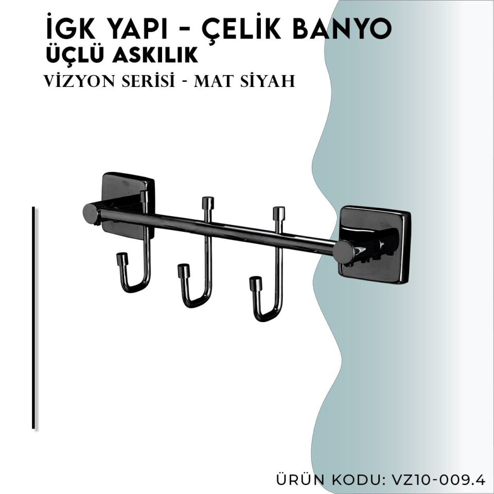 İGK YAPI - Çelik Banyo Vizyon Mat Siyah Üçlü Askılık (VZ10-009.4)