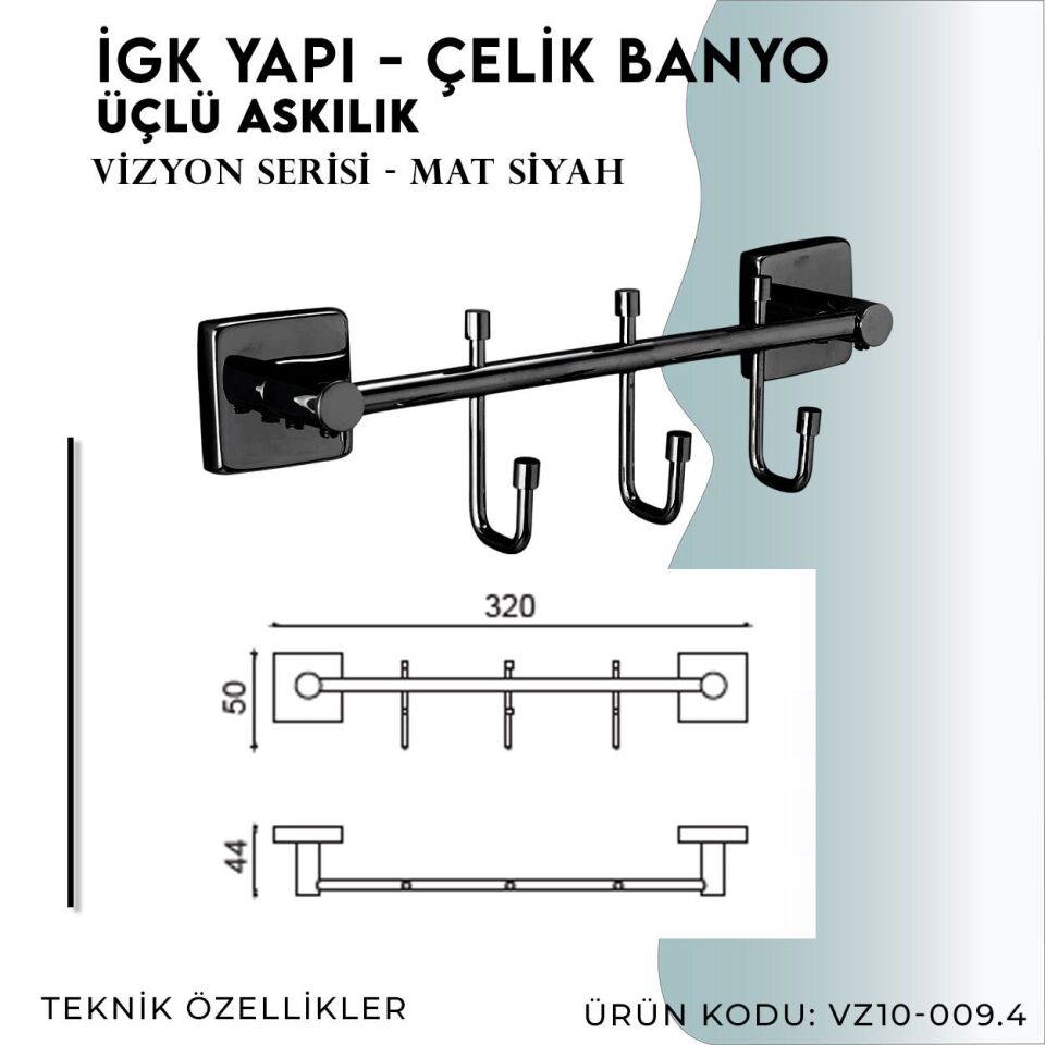 İGK YAPI - Çelik Banyo Vizyon Mat Siyah Üçlü Askılık (VZ10-009.4)
