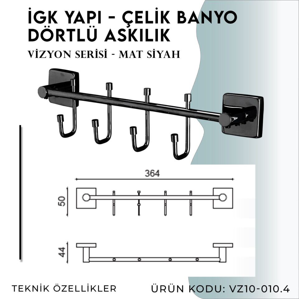 İGK YAPI - Çelik Banyo Vizyon Mat Siyah Dörtlü Askılık (VZ10-010.4)