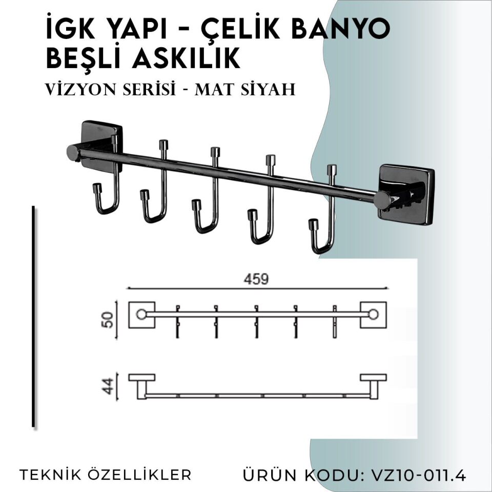 İGK YAPI - Çelik Banyo Vizyon Mat Siyah Beşli Askılık (VZ10-011.4)