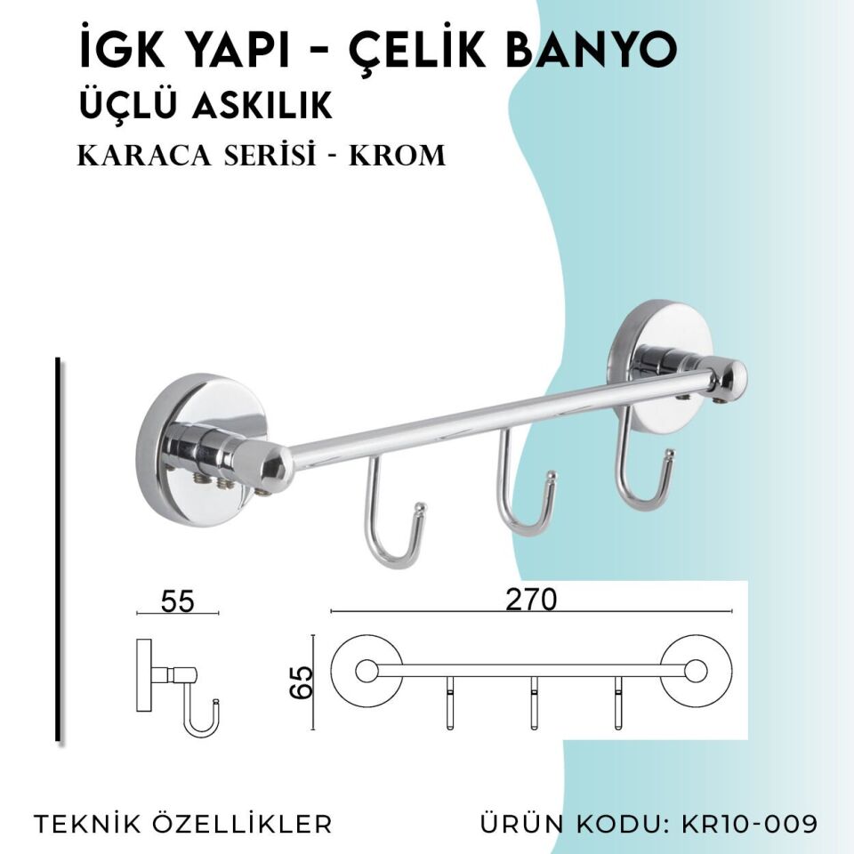 BANYOLİA - Çelik Banyo Karaca Üçlü Askılık (KR10-009)