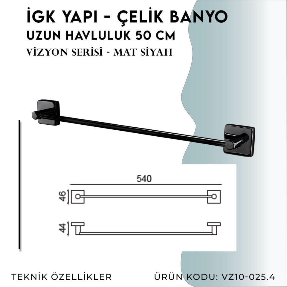 İGK YAPI - Çelik Banyo Vizyon Mat Siyah Uzun Havluluk 50cm (VZ10-025.4)