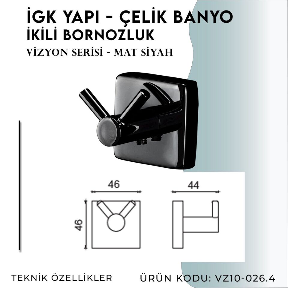 İGK YAPI - Çelik Banyo Vizyon Mat Siyah Bornozluk Çiftli (VZ10-026.4)