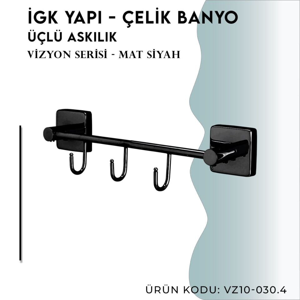 İGK YAPI - Çelik Banyo Vizyon Mat Siyah Üçlü Askılık (VZ10-030.4)