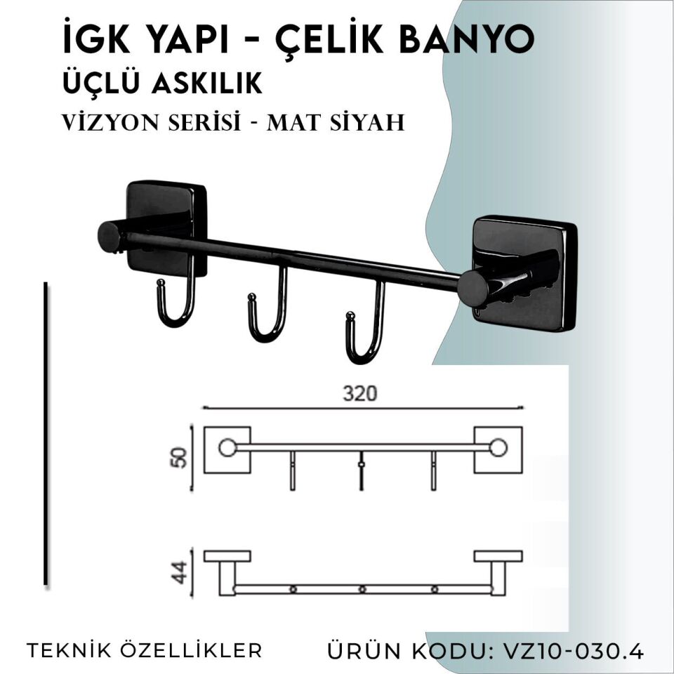 İGK YAPI - Çelik Banyo Vizyon Mat Siyah Üçlü Askılık (VZ10-030.4)