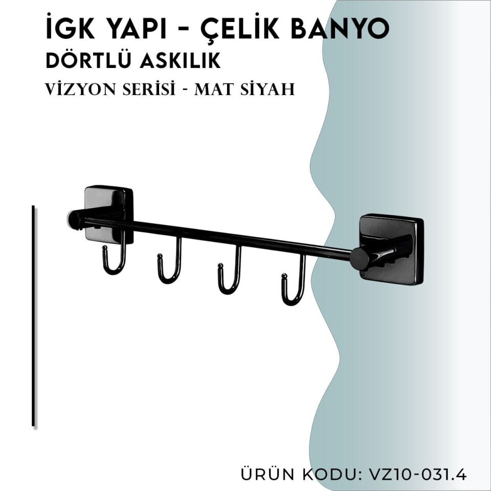 İGK YAPI - Çelik Banyo Vizyon Mat Siyah Dörtlü Askılık (VZ10-031.4)