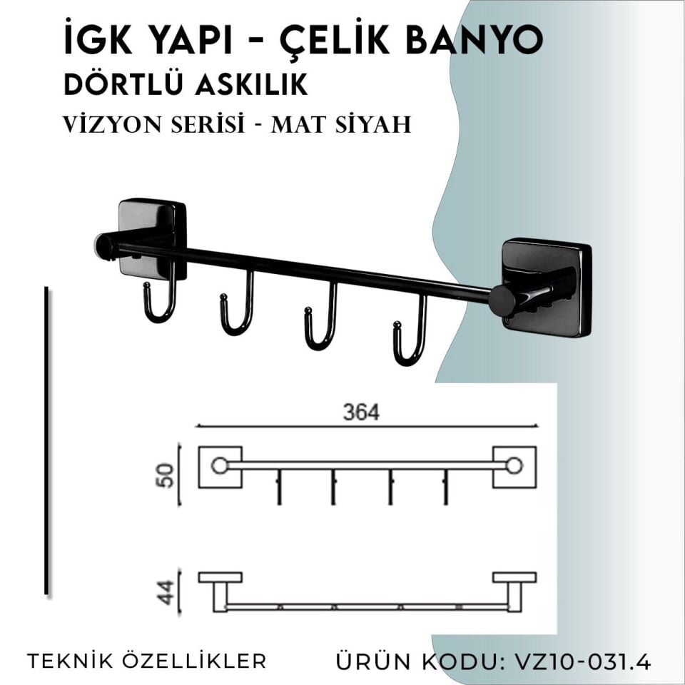 İGK YAPI - Çelik Banyo Vizyon Mat Siyah Dörtlü Askılık (VZ10-031.4)