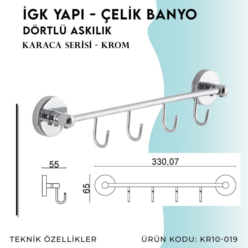 BANYOLİA - Çelik Banyo Karaca Dörtlü Askılık (KR10-019)