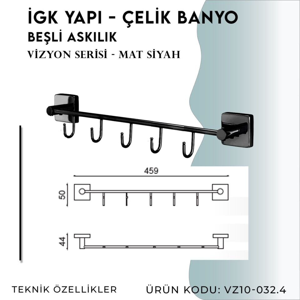 İGK YAPI - Çelik Banyo Vizyon Mat Siyah Beşli Askılık (VZ10-032.4)