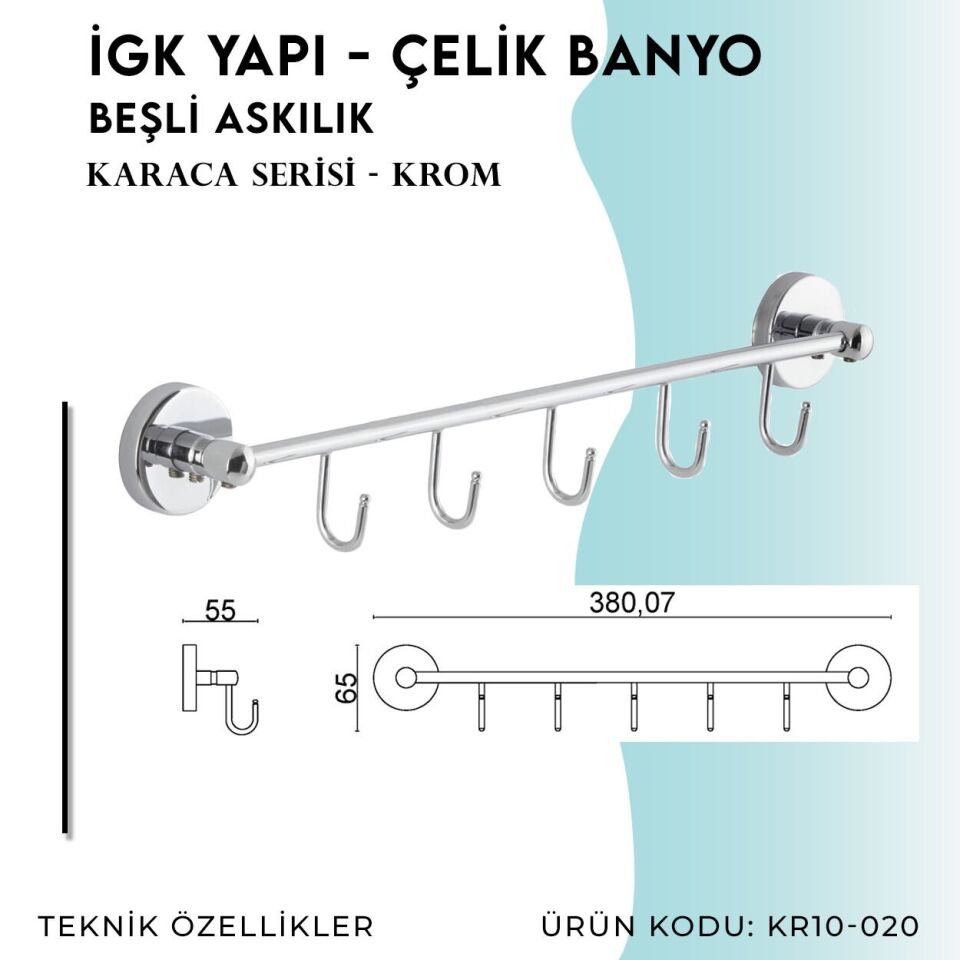 BANYOLİA - Çelik Banyo Karaca Beşli Askılık (KR10-020)