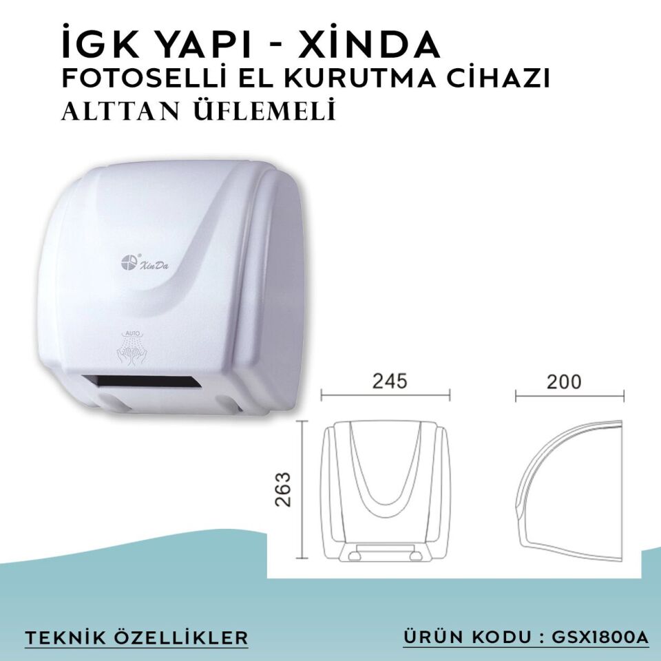 İGK YAPI – XinDa Fotoselli Alttan Üflemeli El Kurutma Makinesi (GSX1800A)