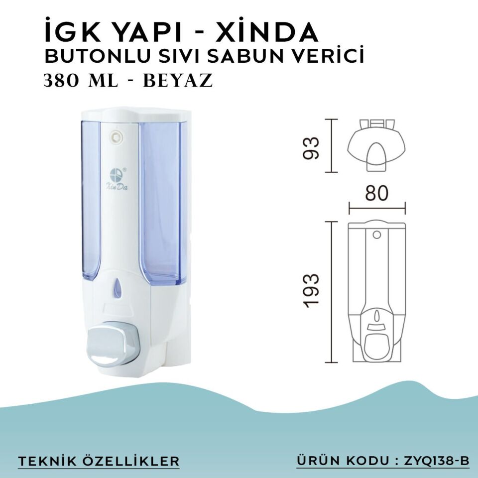 İGK YAPI – XinDa Tekli Butonlu Beyaz Sıvı Sabun Dispanseri (ZYQ138-B)