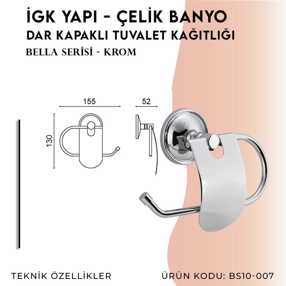 BANYOLİA - Çelik Banyo Bella Dar Kapaklı Tuvalet Kâğıtlığı (BS10-007)