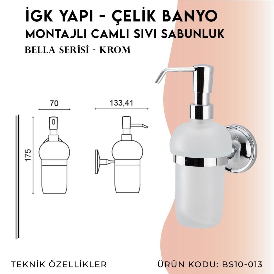 BANYOLİA - Çelik Banyo Bella Montajlı Sıvı Sabunluk Camlı (BS10-013)
