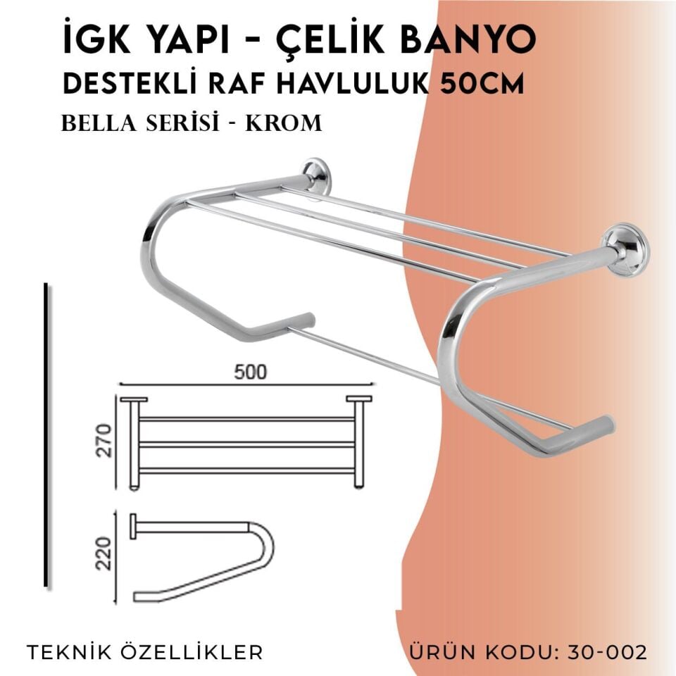 BANYOLİA - Çelik Banyo Bella Destekli Raf Havluluk 50cm (30-002)