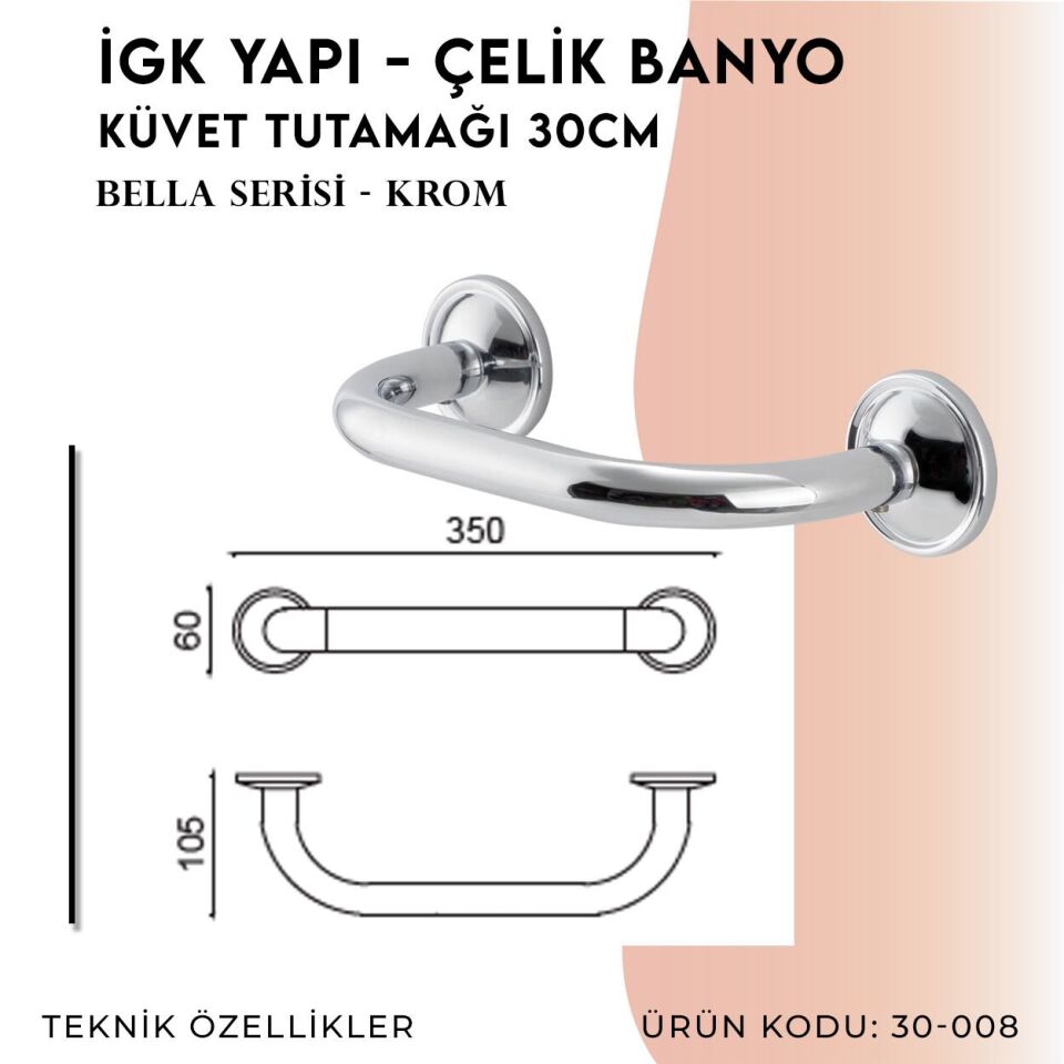 BANYOLİA - Çelik Banyo Bella Küvet Tutamağı 30cm (30-008)