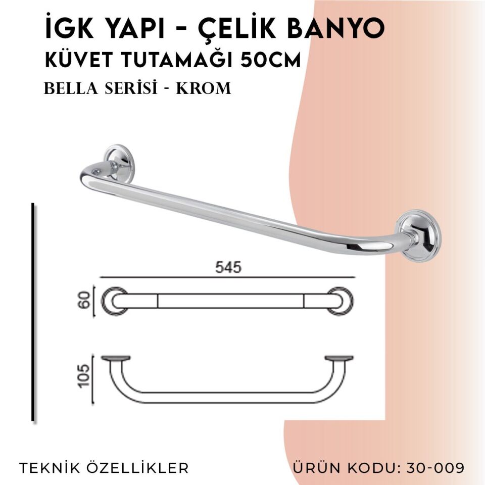 BANYOLİA - Çelik Banyo Bella Küvet Tutamağı 50cm (30-009)
