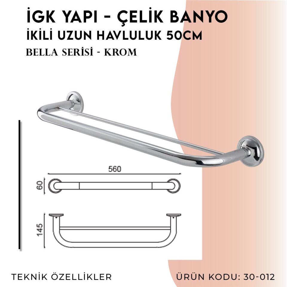 BANYOLİA - Çelik Banyo Bella İkili Uzun Havluluk 50cm (30-012)