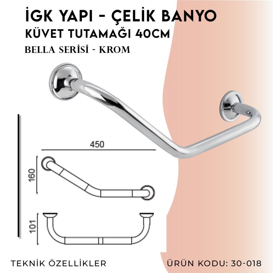 BANYOLİA - Çelik Banyo Bella Küvet Tutamağı 40cm (30-018)