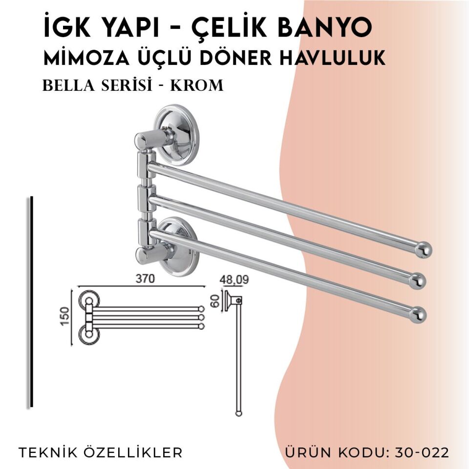 BANYOLİA - Çelik Banyo Bella Mimoza Üçlü Döner Havluluk  (30-022)