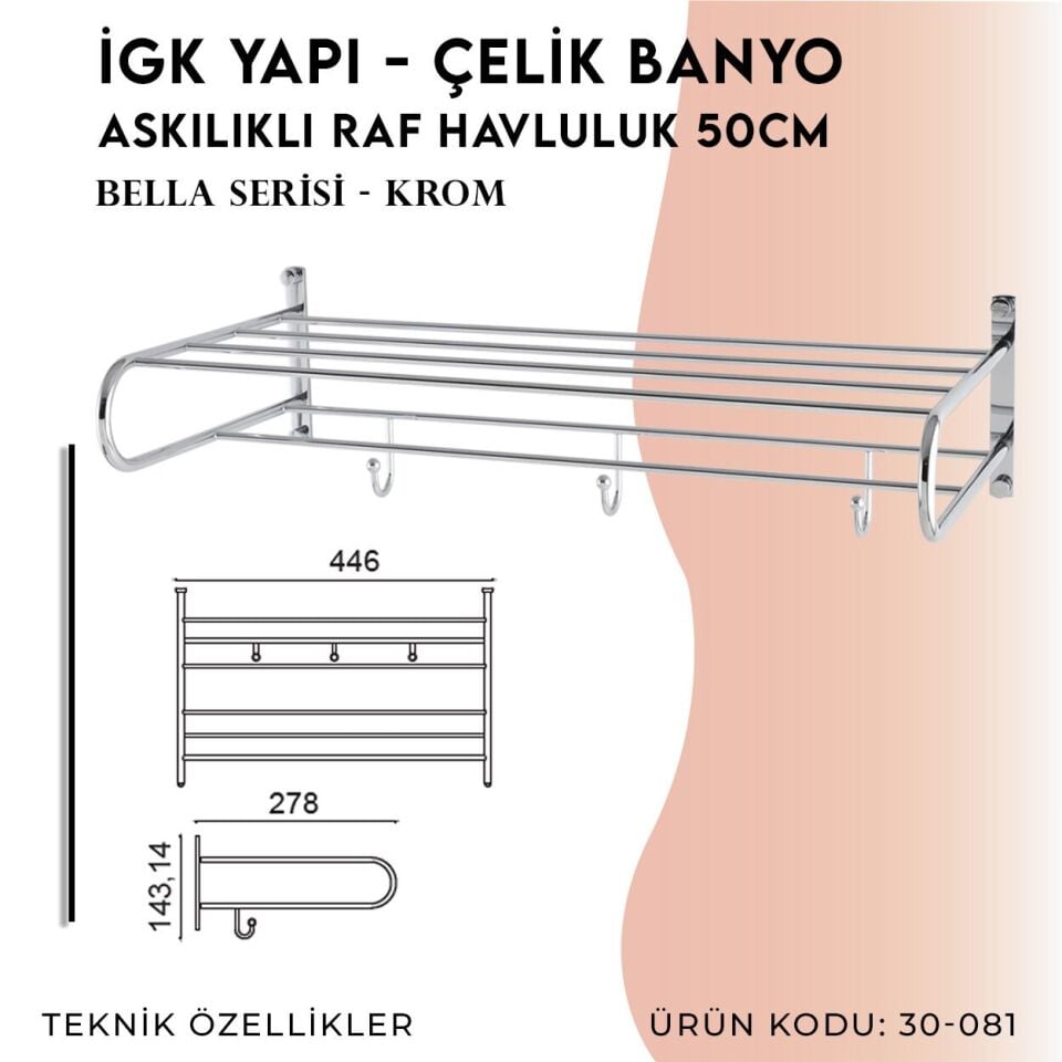 BANYOLİA - Çelik Banyo Bella Askılıklı Raf Havluluk 50cm (30-081)