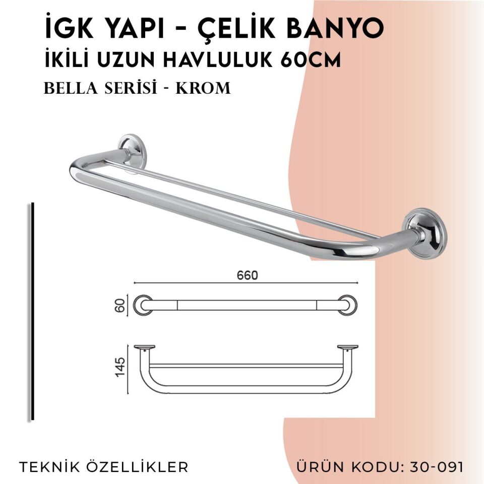 BANYOLİA - Çelik Banyo Bella İkili Uzun Havluluk 60cm (30-091)