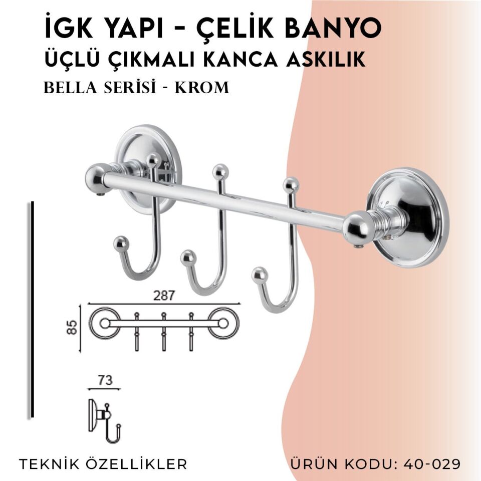 BANYOLİA - Çelik Banyo Bella Çıkmalı Kanca Üçlü Askılık (40-029)