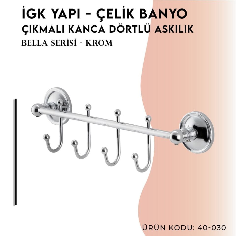 BANYOLİA - Çelik Banyo Bella Çıkmalı Kanca Dörtlü Askılık (40-030)