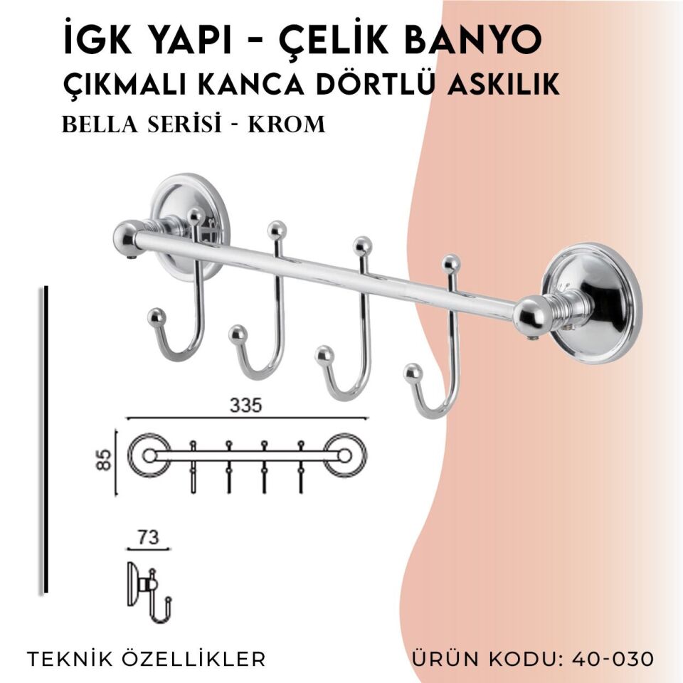 BANYOLİA - Çelik Banyo Bella Çıkmalı Kanca Dörtlü Askılık (40-030)