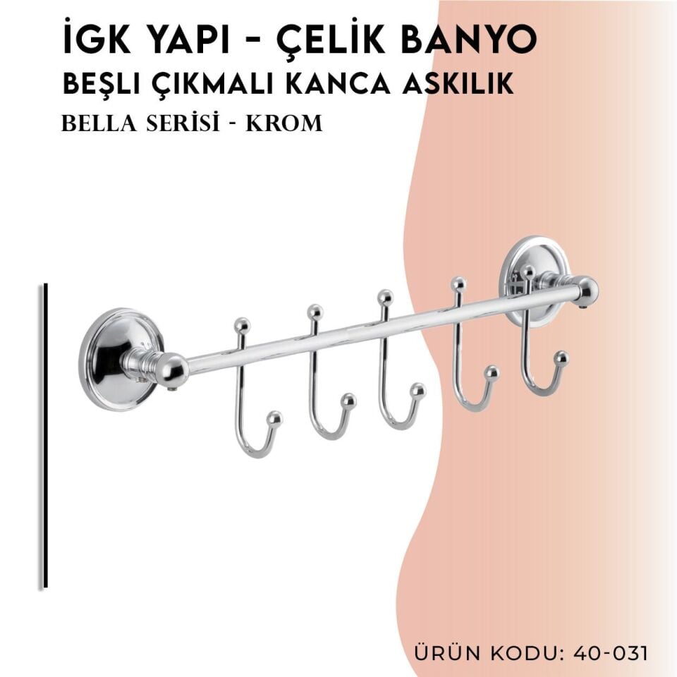 BANYOLİA - Çelik Banyo Bella Çıkmalı Kanca Beşli Askılık (40-031)
