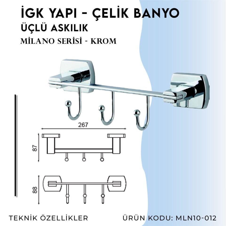 BANYOLİA - Çelik Banyo Milano Üçlü Askılık (MLN10-012)