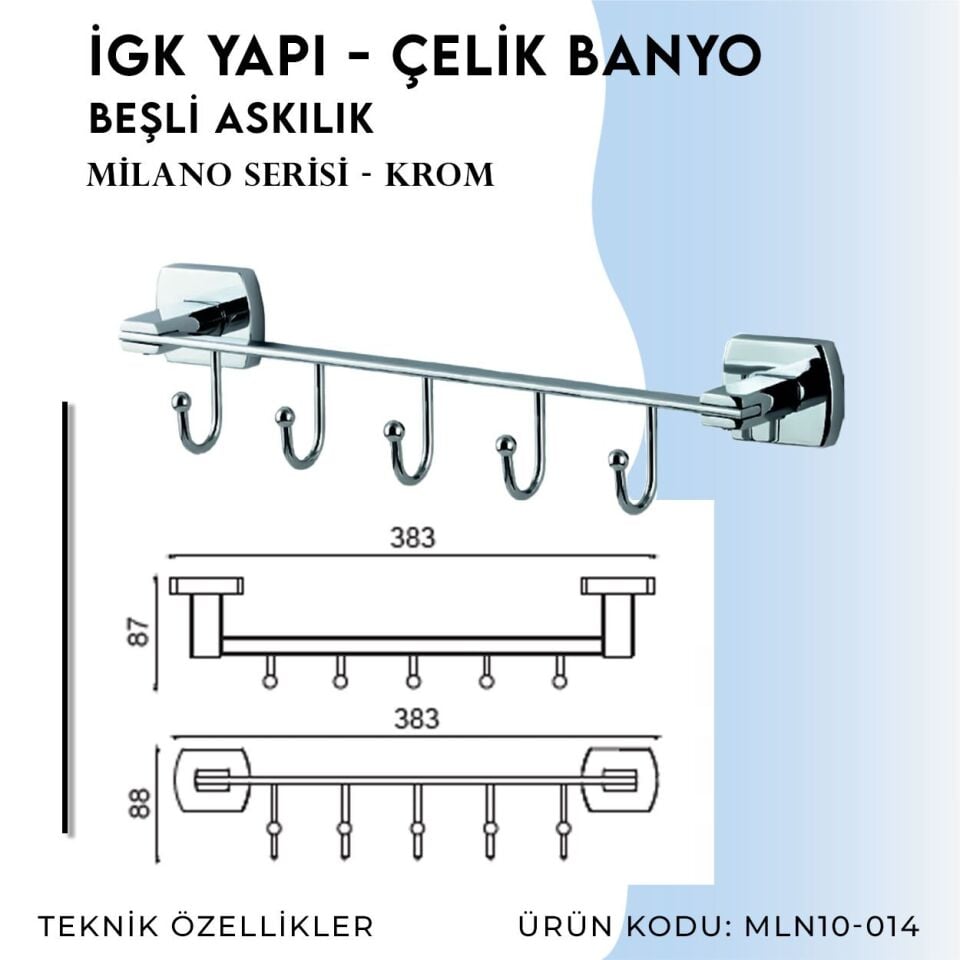 BANYOLİA - Çelik Banyo Milano Beşli Askılık (MLN10-014)