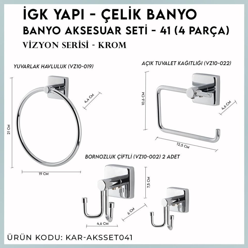İGK YAPI - Çelik Banyo Vizyon Banyo Aksesuar Seti - 41 (3 Parça)