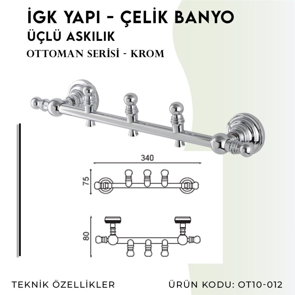 BANYOLİA - Çelik Banyo Ottoman Üçlü Askılık (OT10-012)