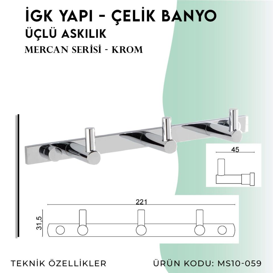 BANYOLİA - Çelik Banyo Mercan Üçlü Askılık (MS10-059)