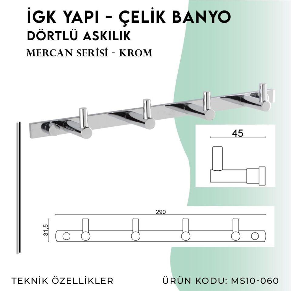 BANYOLİA - Çelik Banyo Mercan Dörtlü Askılık (MS10-060)